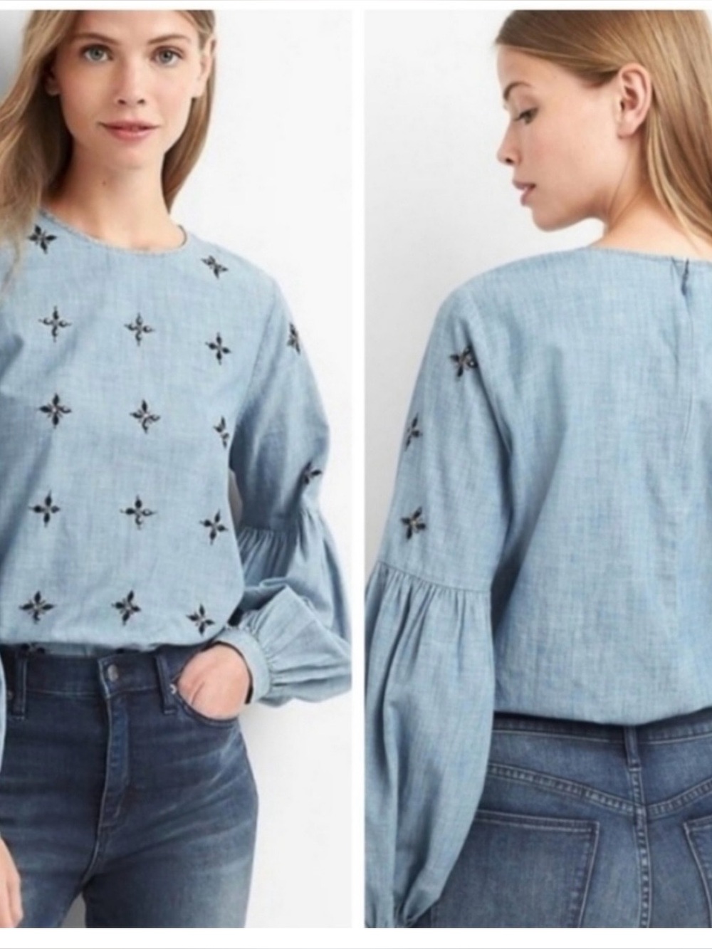GAP Chambray Blue Beaded Balloon-Sleeve Blouse
